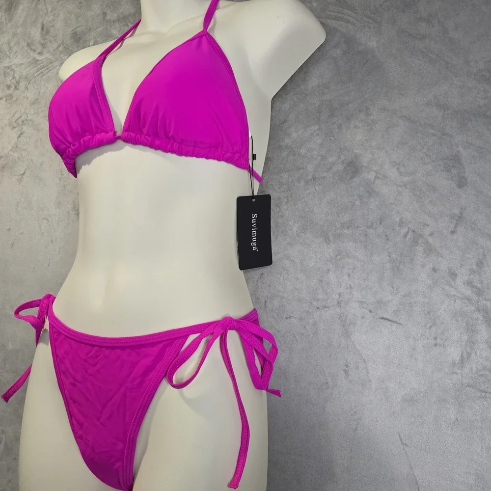 Suvimuga 2 Piece Bikini Set Swimsuit Medium Pink Triangle String Cheeky - Picture 2 of 6